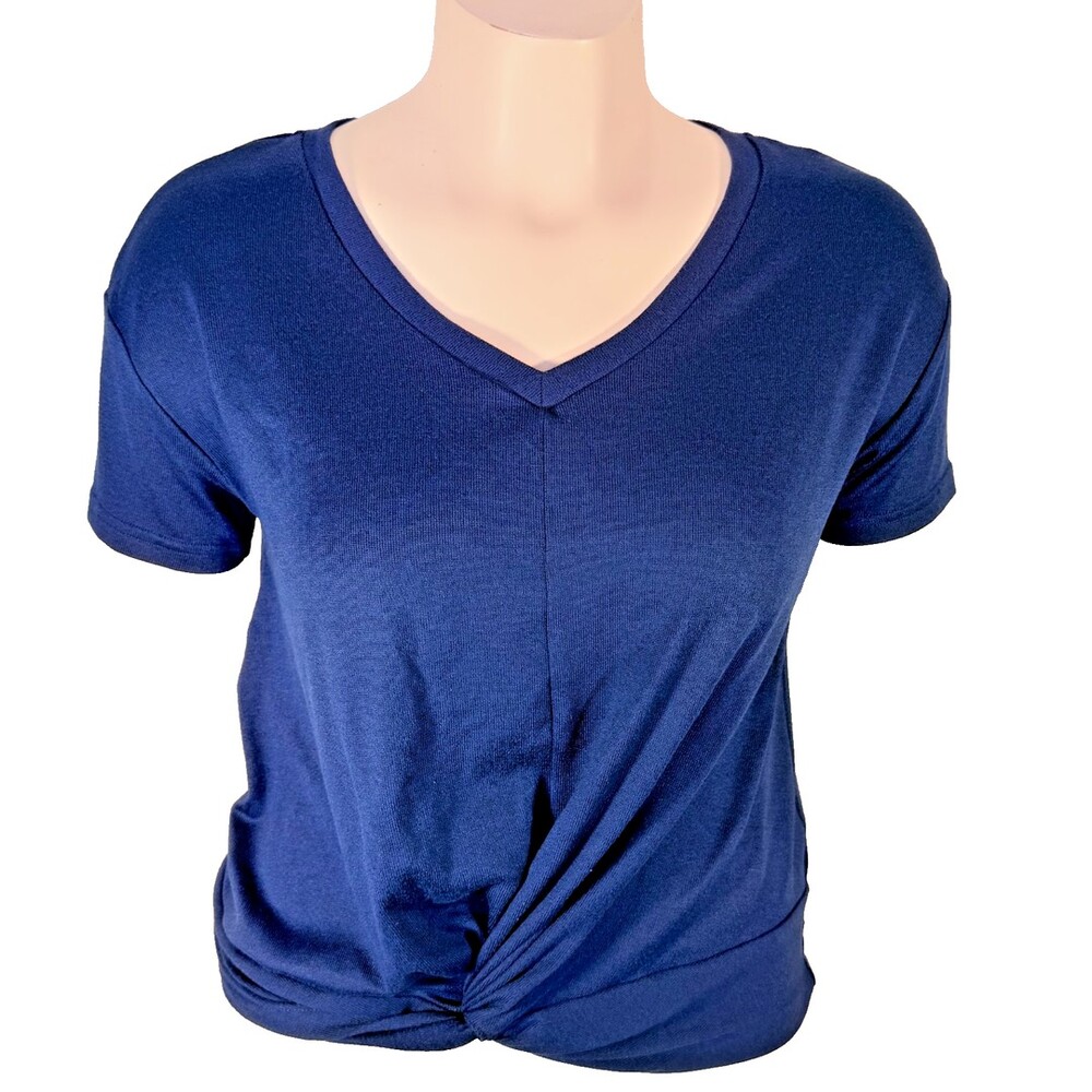 SHEIN Women's M Knit Top Blouse Blue Short Sleeve VNeck Knot Front NWOT